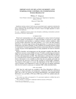 IMPORTANCE of RELATIVE HUMIDITY and TEMPERATURE CONTROL in CONDITIONING WOOD PRODUCTS1 Williarn T