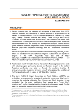 Code of Practice for the Reduction of Acrylamide in Foods Cac/Rcp 67-2009