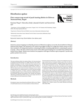 Distribution Update First Camera Trap Record of Pack Hunting Dholes in Chitwan National Park, Nepal