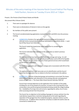 Minutes of the Extra Meeting of the Harome Parish Council Held at the Playing Field Pavilion, Harome on Tuesday 9 June 2015 at 7:30Pm