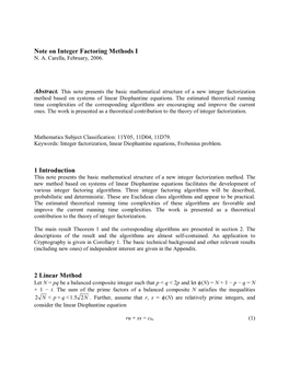 Note on Integer Factoring Methods I 1 Introduction 2 Linear Method