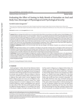 Evaluating the Effect of Fasting in Holy Month of Ramadan on Soul and Body: Fast, Messenger of Physiological and Psychological Security