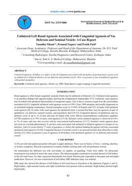 Unilateral Left Renal Agenesis Associated with Congenital Agenesis of Vas Deferens and Seminal Vesicle: a Case Report Intern, Seth 