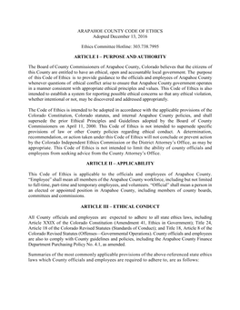 ARAPAHOE COUNTY CODE of ETHICS Adopted December 13, 2016 Ethics Committee Hotline: 303.738.7995 ARTICLE I – PURPOSE and AUTHOR