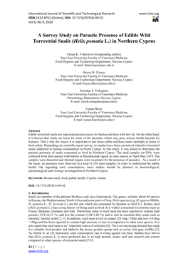 A Survey Study on Parasite Presence of Edible Wild Terrestrial Snails (Helix Pomatia L.) in Northern Cyprus