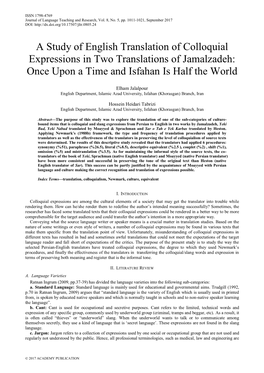 A Study of English Translation of Colloquial Expressions in Two Translations of Jamalzadeh: Once Upon a Time and Isfahan Is Half the World