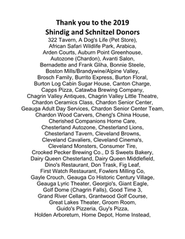 Thank You to the 2019 Shindig and Schnitzel Donors