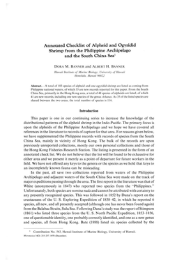 Annotated Checklist of Alpheid and Ogyridid Shrimp from the Philippine Archipelago and the South China Sea1