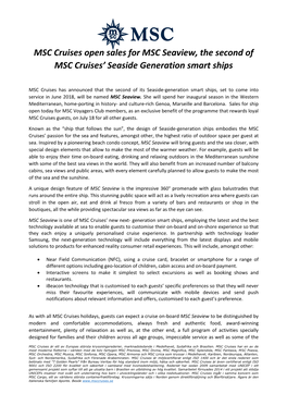 MSC Cruises Open Sales for MSC Seaview, the Second of MSC Cruises’ Seaside Generation Smart Ships