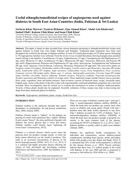 Useful Ethnophytomedicinal Recipes of Angiosperms Used Against Diabetes in South East Asian Countries (India, Pakistan & Sri Lanka)