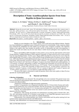 Description of Some Acanthocephalan Species from Some Reptiles in Qena Governorate