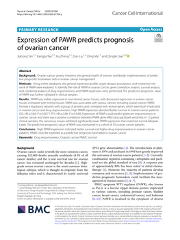 Expression of PAWR Predicts Prognosis of Ovarian Cancer Jiahong Tan1,2, Kangjia Tao1,2, Xu Zheng1,2, Dan Liu1,2, Ding Ma1,2 and Qinglei Gao1,2*