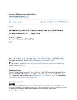 Differential Expression of Zinc Transporters Accompanies the Differentiation of C2C12 Myoblasts