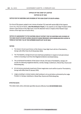 Western Cape Division of the High Court of South Africa 43015 NOTICE for the WESTERN CAPE DIVISION of the HIGH COURT of SOUTH AFRICA