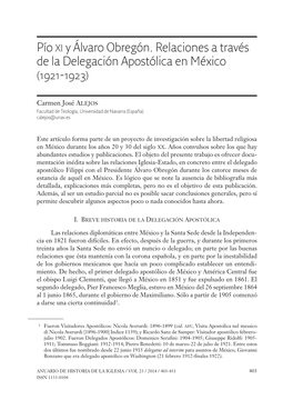 Pío Xi Y Álvaro Obregón. Relaciones a Través De La Delegación Apostólica En México (1921-1923)