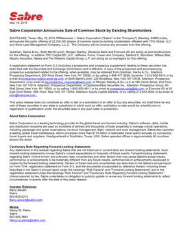 Sabre Corporation Announces Sale of Common Stock by Existing Shareholders