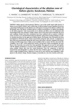 Glaciological Characteristics of the Ablation Zone of Baltoro Glacier, Karakoram, Pakistan