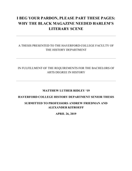 I Beg Your Pardon, Please Part These Pages: Why the Black Magazine Needed Harlem’S Literary Scene