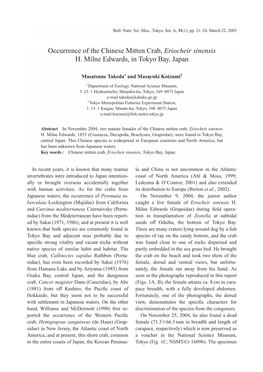 Occurrence of the Chinese Mitten Crab, Eriocheir Sinensis H. Milne Edwards, in Tokyo Bay, Japan