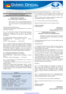 Rio Grande Do Sul , 14 De Janeiro De 2014 • Diário Oficial Dos Municípios Do Estado Do Rio Grande Do Sul • ANO V | Nº 1218