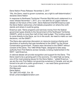 Press Releases from Dene Nation, Inuvialuit Regional Corporation