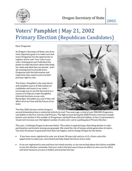 Voters' Pamphlet May 21 2002 Primary Election Republican Candidates