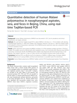 Quantitative Detection of Human Malawi Polyomavirus in Nasopharyngeal Aspirates, Sera, and Feces in Beijing, China, Using Real-T