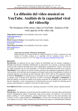 La Difusión Del Vídeo Musical En Youtube. Análisis De La Capacidad Viral Del Vídeoclip