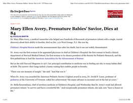 Mary Ellen Avery, Premature Babies' Savior, Dies at 84