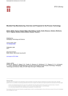 Moulded Pulp Manufacturing: Overview and Prospects for the Process Technology
