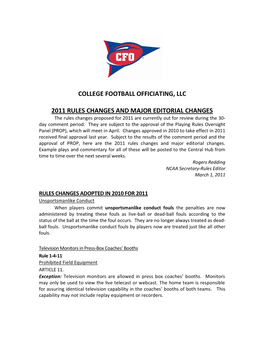 College Football Officiating, Llc 2011 Rules Changes And