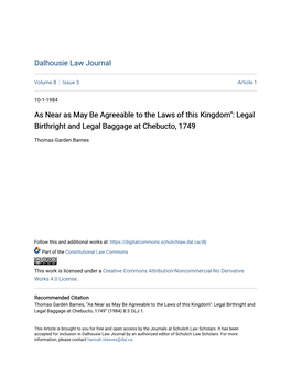 As Near As May Be Agreeable to the Laws of This Kingdom": Legal Birthright and Legal Baggage at Chebucto, 1749