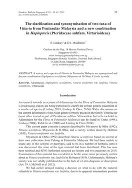 The Clarification and Synonymisation of Two Taxa of Vittaria from Peninsular Malaysia and a New Combination in Haplopteris (Pteridaceae Subfam