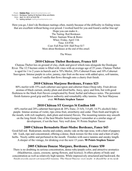 Bordeaux Tasting at Santiam Wine and Bistro Date: April 10, 2014 at 9:05 PM To: Tasting Santiam Tasting@Santiamwine.Com