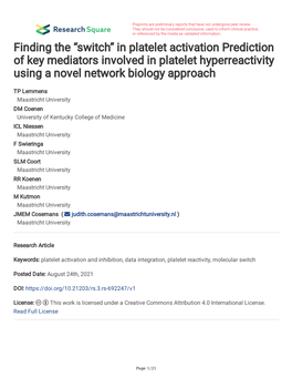 In Platelet Activation Prediction of Key Mediators Involved in Platelet Hyperreactivity Using a Novel Network Biology Approach