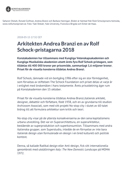 Arkitekten Andrea Branzi En Av Rolf Schock-Pristagarna 2018