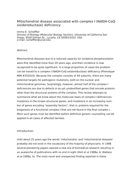 Mitochondrial Disease Associated with Complex I (NADH-Coq Oxidoreductase) Deficiency