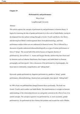 1 Chapter 29 Performativity and Performance Moya Lloyd Loughborough University Abstract This Article Explores the Concepts of P