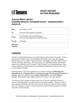 STAFF REPORT ACTION REQUIRED Toronto Music Sector