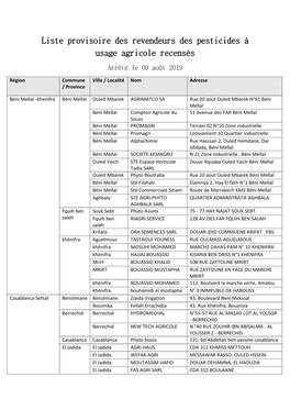 Liste Provisoire Des Revendeurs Des Pesticides À Usage Agricole Recensés