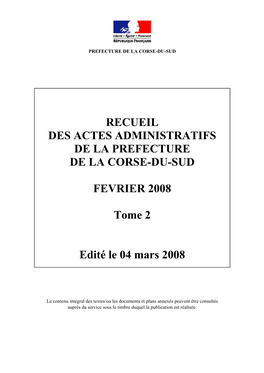 Recueil Des Actes Administratifs De La Prefecture De La Corse-Du-Sud