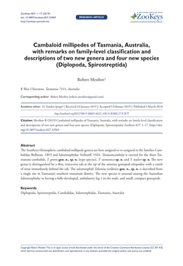 Cambaloid Millipedes of Tasmania, Australia, with Remarks on Family