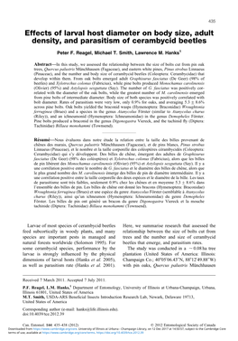 Effects of Larval Host Diameter on Body Size, Adult Density, and Parasitism of Cerambycid Beetles