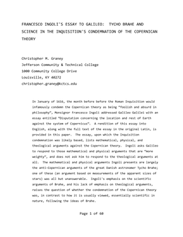 Francesco Ingoli's Essay to Galileo: Tycho Brahe and Science in the Inquisition's Condemnation of the Copernican Theory