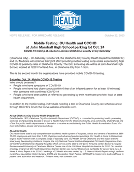 Mobile Testing: OU Health and OCCHD at John Marshall High School Parking Lot Oct