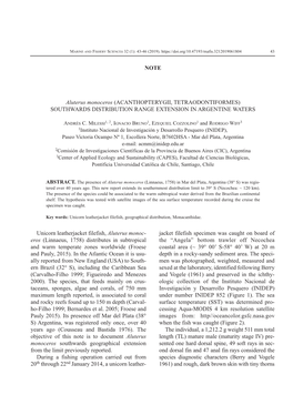 Aluterus Monoceros (ACANTHOPTERYGII, TETRAODONTIFORMES) SOUTHWARDS DISTRIBUTION RANGE EXTENSION in ARGENTINE WATERS