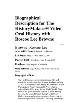 Biographical Description for the Historymakers® Video Oral History with Roscoe Lee Browne