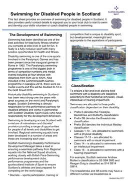 Swimming for Disabled People in Scotland This Fact Sheet Provides an Overview of Swimming for Disabled People in Scotland