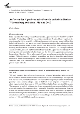 Auftreten Der Alpenbraunelle Prunella Collaris in Baden- Württemberg Zwischen 1985 Und 2010
