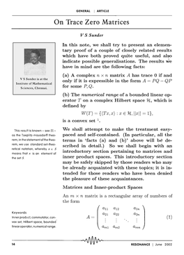 On Trace Zero Matrices